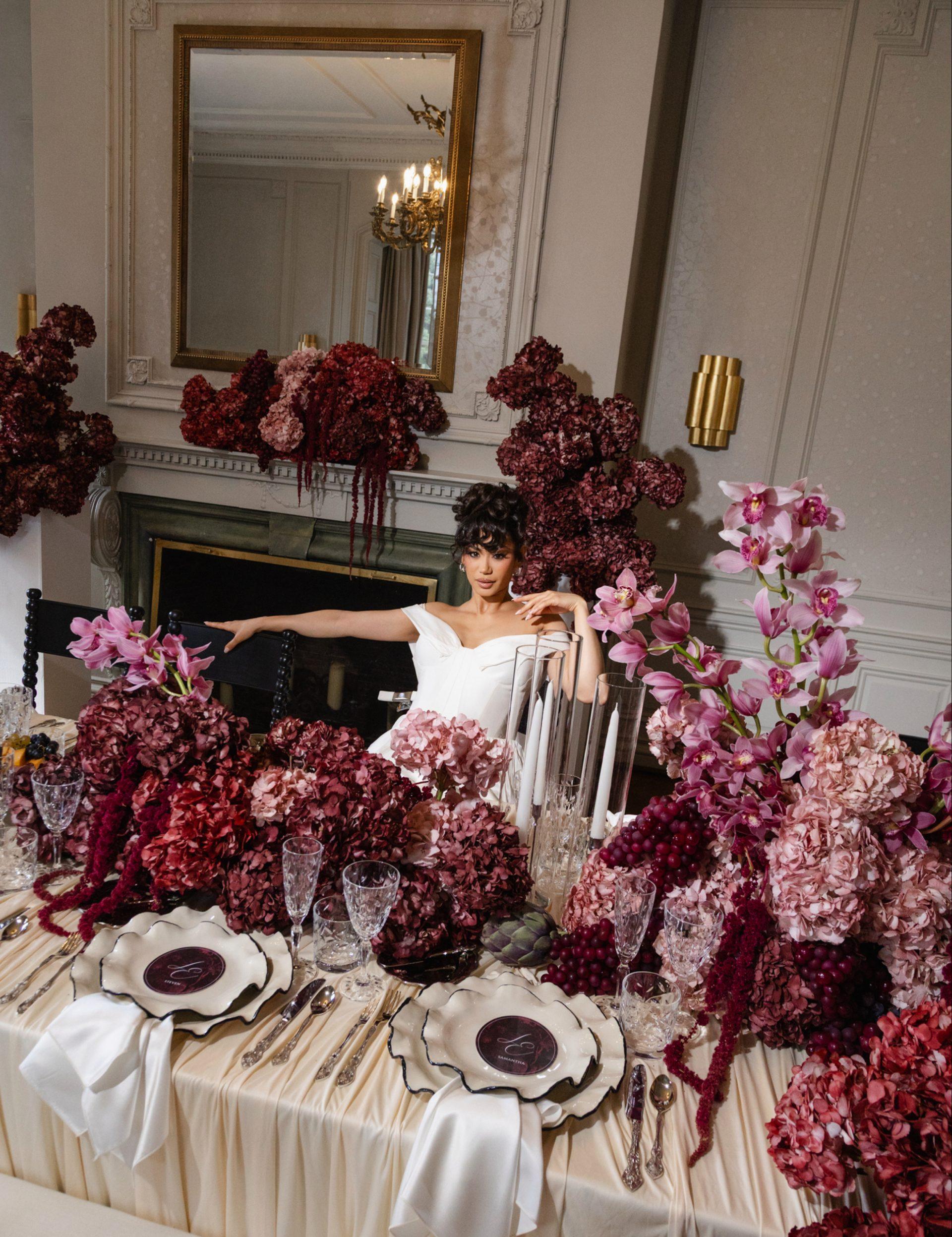 Moody editorial bouquet of deep-toned blooms