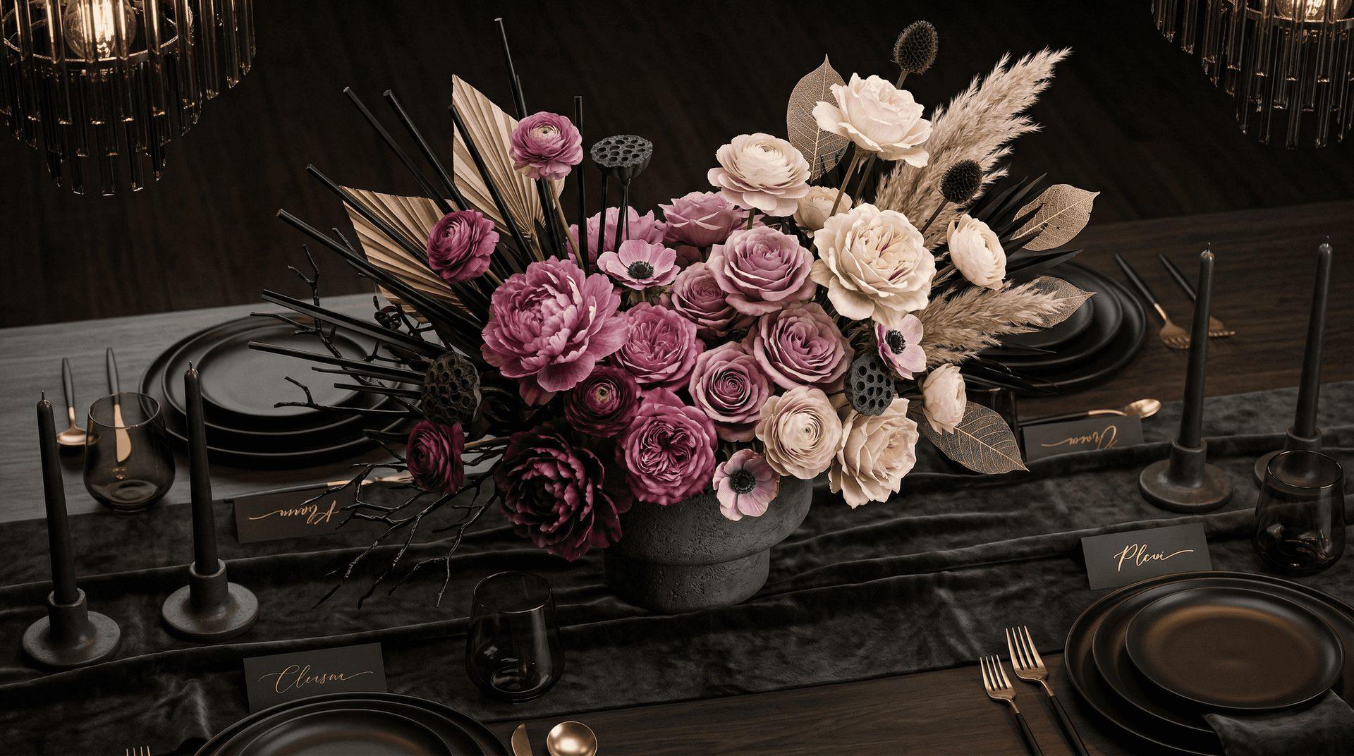 Cinematic editorial floral arrangement of deep red and blush roses in low light