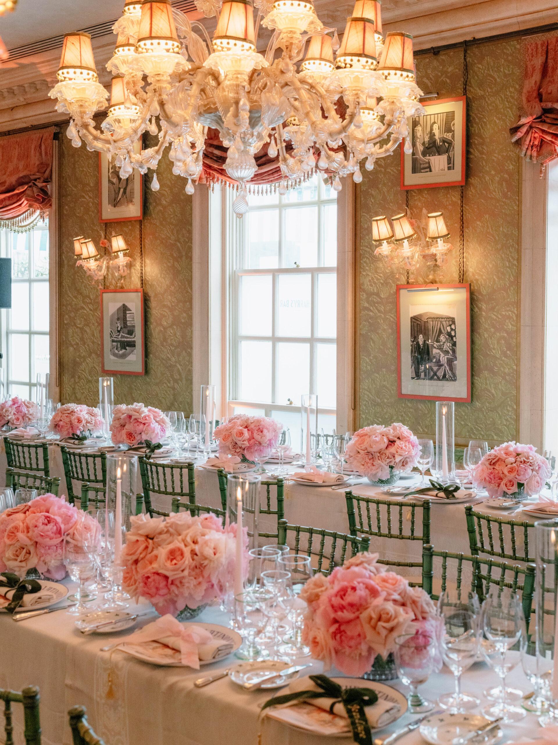 Wedding reception table with candles and pink floral centerpieces