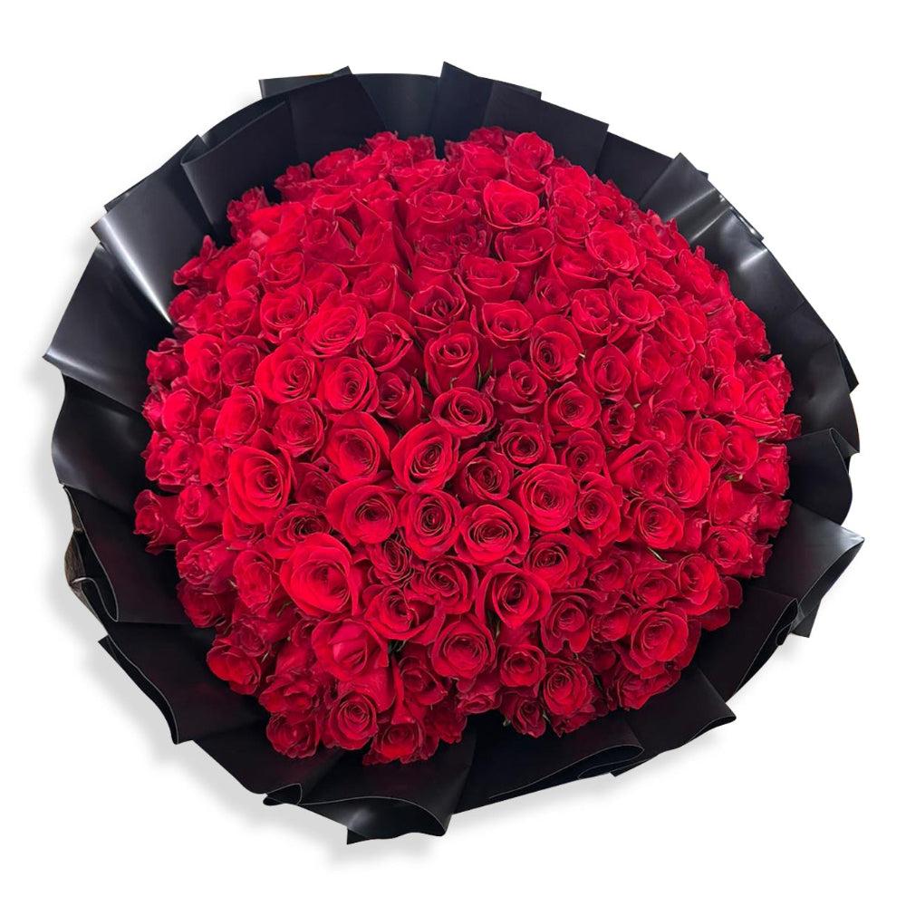 Classic celebration bouquet of red roses wrapped elegantly